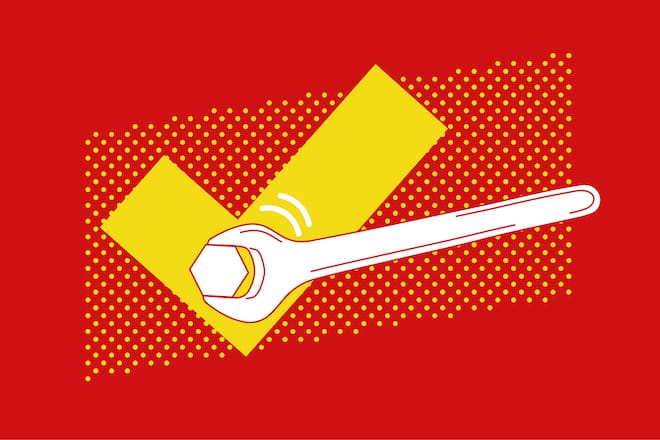 Dank Tipp 200 Franken gespart Ein weisser Schraubenschlüssel mit Schraube vor einem gelben Haken auf rotem Untergrund. Bei Beobachter löst den Fall unterstützt der Beobachter Ratsuchende beim Lösen eines Problems.