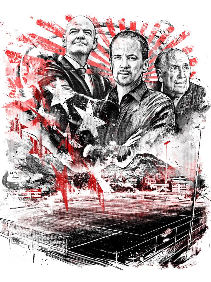 Fussballprominenz: der heutige und der frühere Fifa-Präsident. Gianni Infantino (links) und Sepp Blatter (rechts) sowie Rinaldo Arnold, Präsident des FC Brig und Oberstaatsanwalt