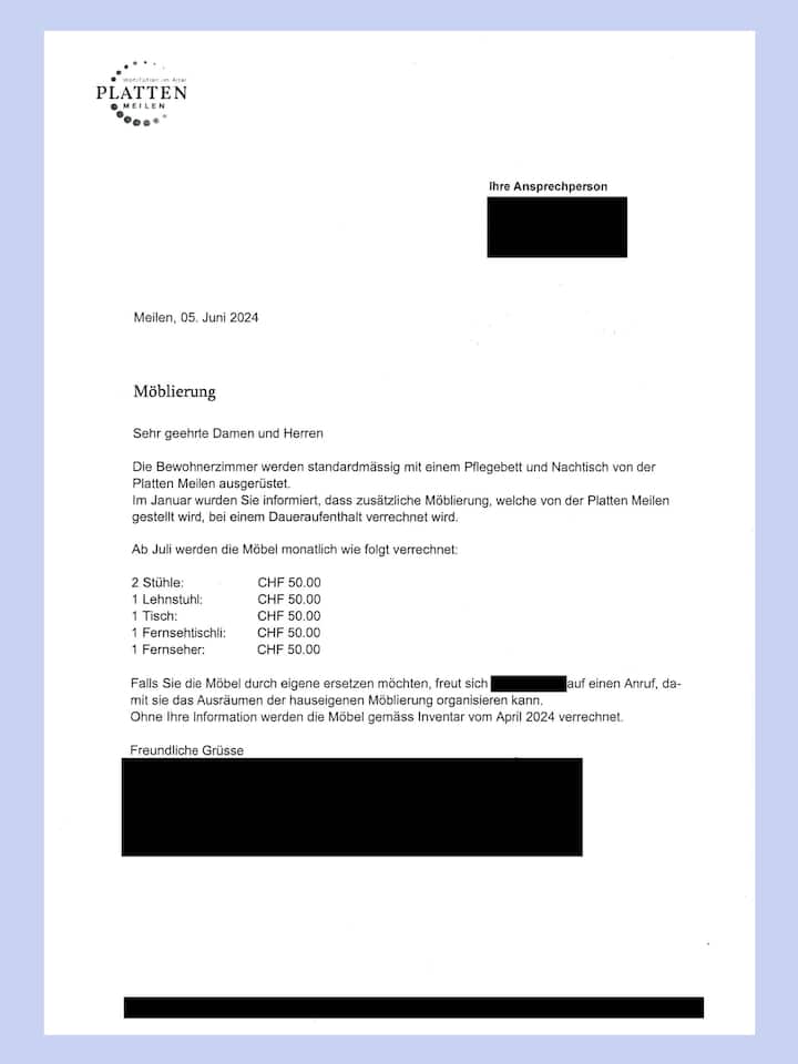 Mit diesem Schreiben informierte das Alters- und Pflegezentrum Platten Meilen die Bewohner über die Mietpreise für die Möbel.