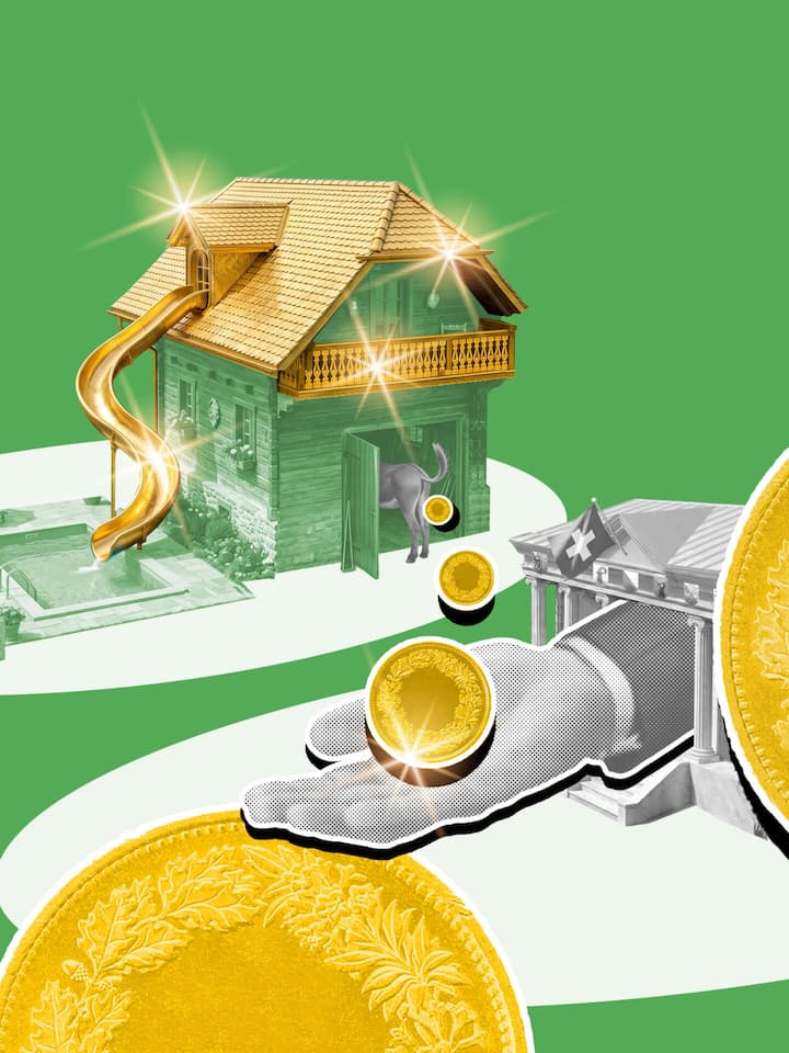 Collage mit Haus und Münzen - Die Grundstückgewinnsteuer schöpft einen Teil des Wertzuwachses ab, den man beim Verkauf von Wohneigentum erzielt. Der Beobachter zeigt, was Sie dazu wissen müssen