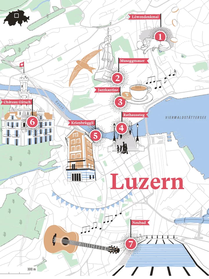 Eine Karte der Stadt Luzern mit hervorgehobenen Punkten, die sich als Sehenswürdigkeiten für eine kleine Stadtwanderung empfehlen