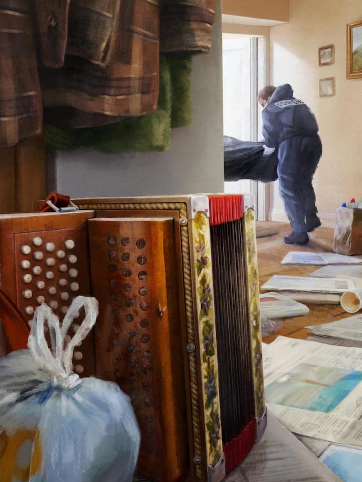 Illustration: Mann wird aus Wohnung getragen - Ueli Pfister war verwirrt und hilflos. Doch sein Arzt und die Beiständin liessen Gefährdungsmeldungen von Bekannten ins Leere laufen. Jetzt ist er tot