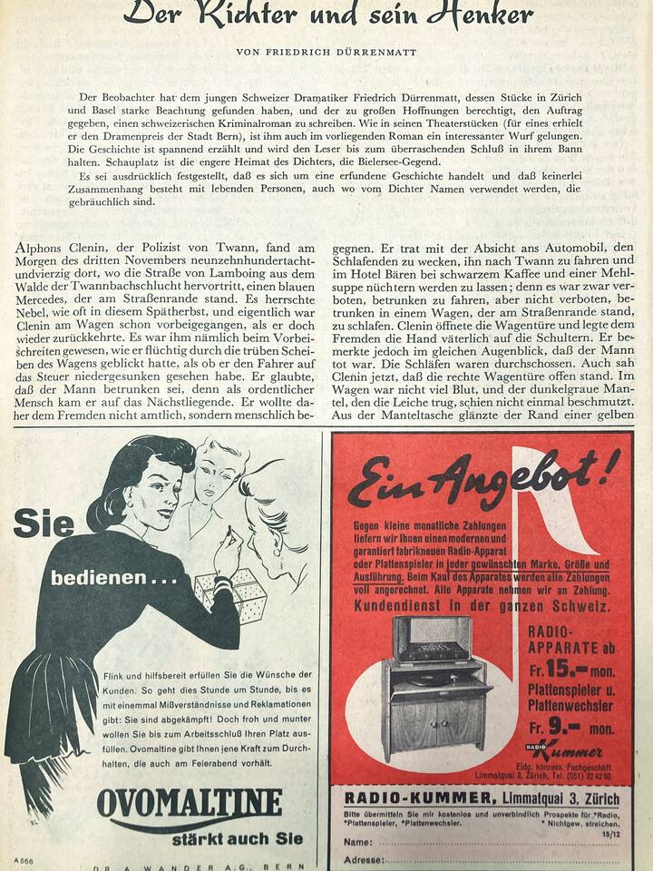 Erstausgabe von «Der Richter und sein Henker» im Beobachter, 1950