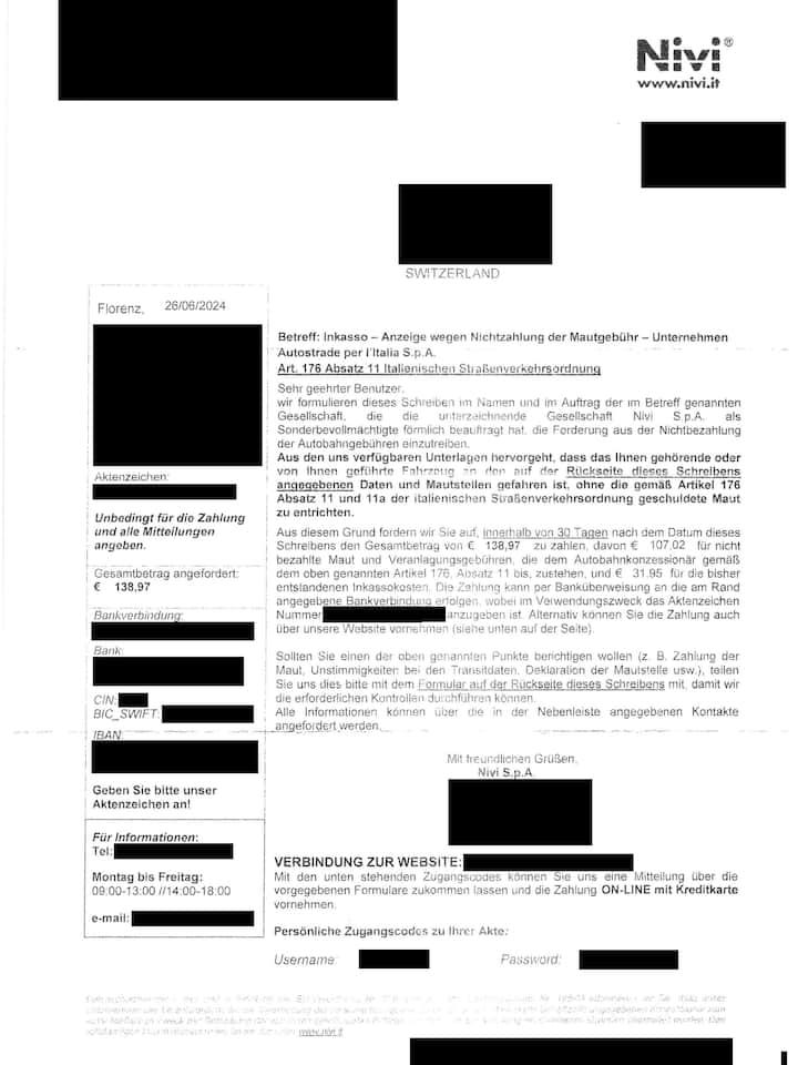 Zu sehen ist ein Rechnungsschreiben der Nivi Credit, einer Inkassofirma aus Italien. Im Schreiben verlangt sie die Bezahlung einer ausstehenden Mautgebühr im Ausland.