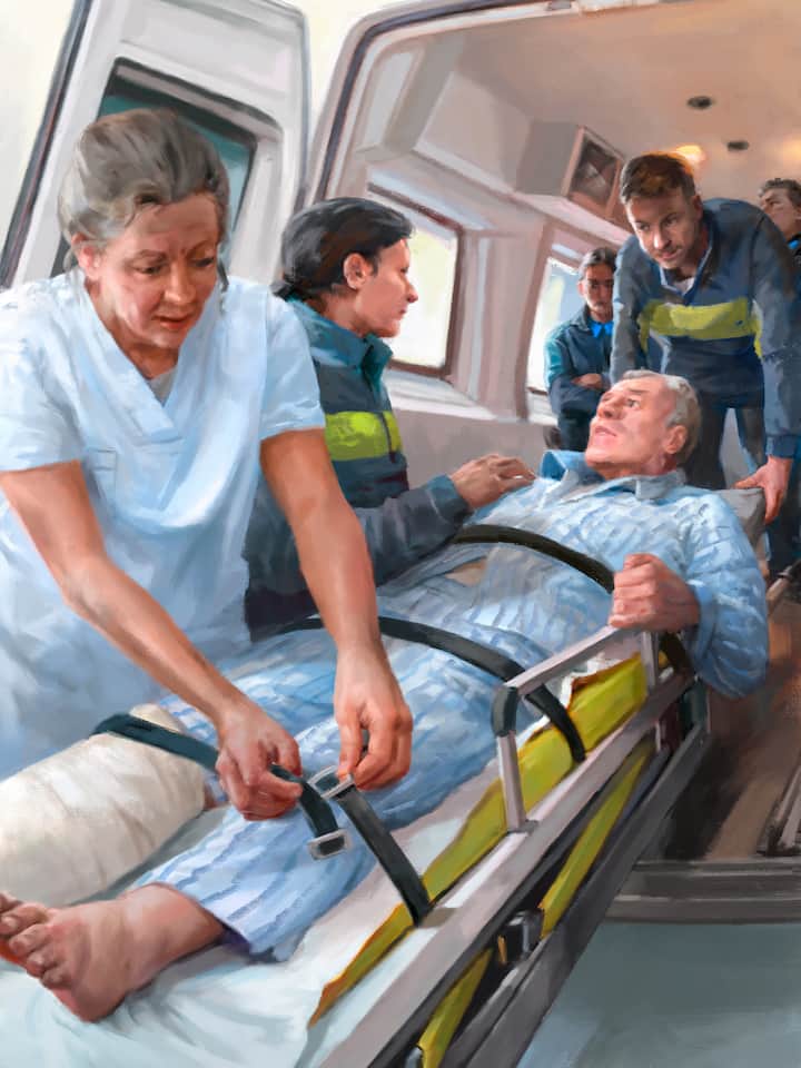 Illlustration: Ein Mann wird in eine Ambulanz gehoben - Ein 75-Jähriger wird nach einem schweren Skiunfall direkt vom Spital in eine psychiatrische Klinik eingeliefert. Gegen seinen Willen und ohne genaue Abklärung