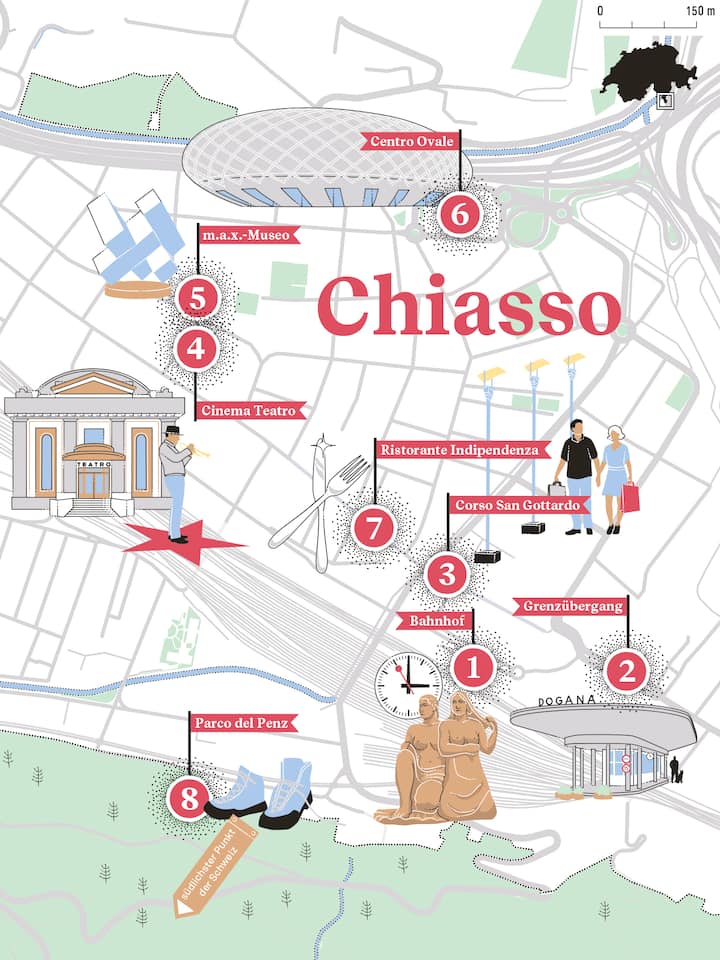 Illustration Karte Stadtwanderung Chiasso; Stadtwanderung Warum Sie mal nach Chiasso reisen sollten Chiasso mag nicht das schönste Gesicht haben. Aber die südlichste Stadt der Schweiz hat ein kulturelles Herz, das sogar Gäste aus Italien anzieht. 8 Tipps für einen Kurztrip.