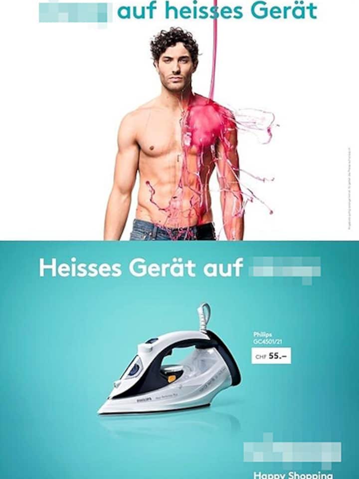 Ein Mann mit nacktem Oberkörper, verbunden mit dem Text «Heisses Gerät».