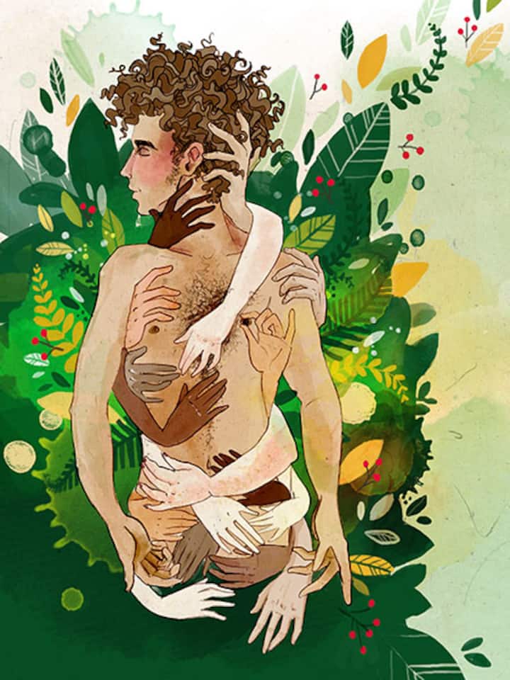 Ein junger Mann wird von mehreren Frauenhänden umschlungen.