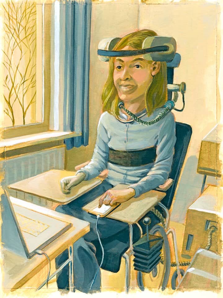 Spinale Muskelatrophie-Patientin Bettina R. im Rollstuhl.