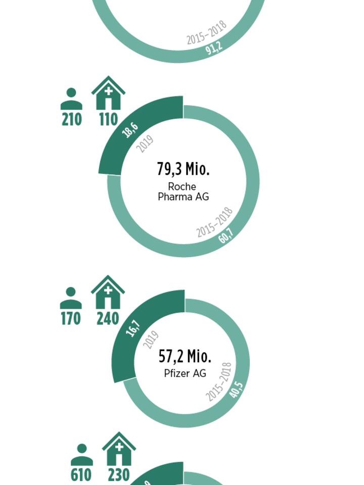 Grafische Darstellung, welche Firma Ärzten und Spitälern wie viel Geld bezahlt hat.