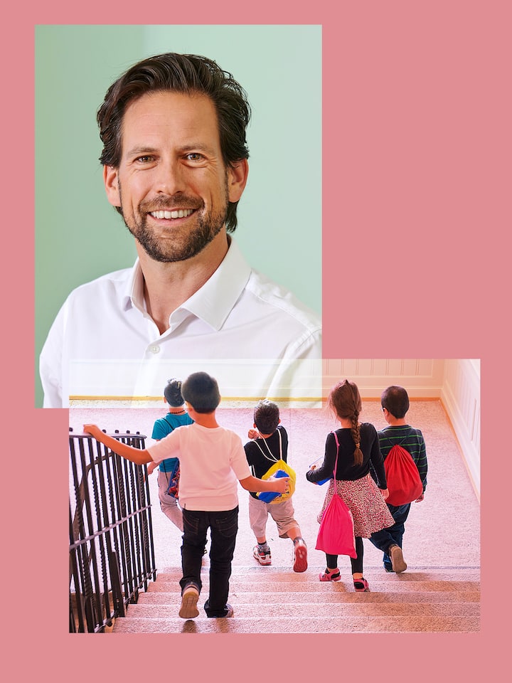 Collage mit Jörg-Berger-Porträt und Schulkindern - Jörg Berger ist Co-Projektleiter des Schulleitungsmonitors. Er sagt, was die Arbeit so anspruchsvoll macht und warum Eltern ihre Kinder nicht überbehüten sollten