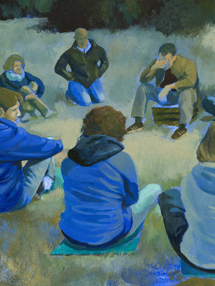 Illustration: Menschengruppe sitzt auf Wiese