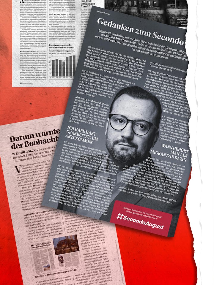 Collage Ausrisse Berichterstattung im Beobachter über den Krankenkassenvermittler Swiss Home Finance und Bernard Duzhmani.Inserat wurde von der Werbeagentur ROD gestaltet.