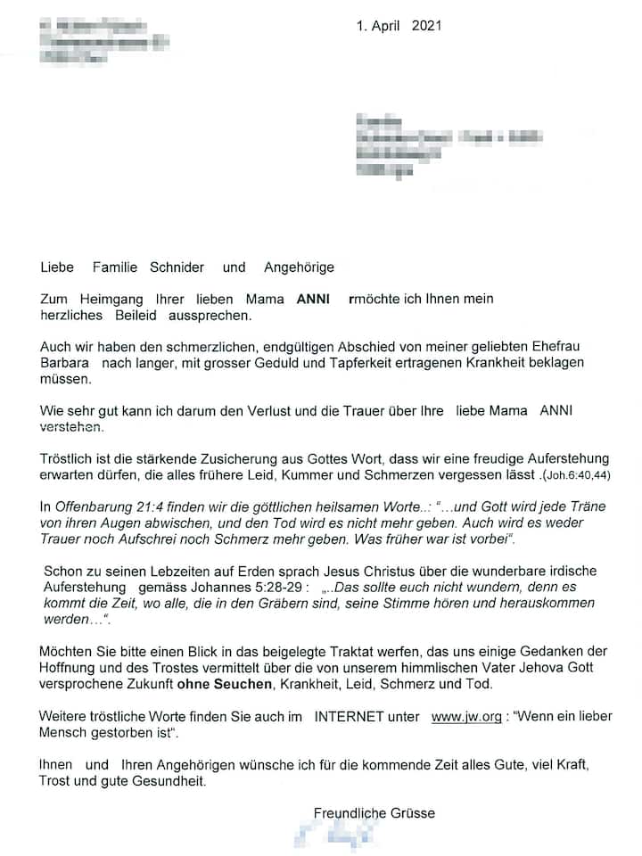 Kondolenzschreiben eines Zeugen Jehovas
