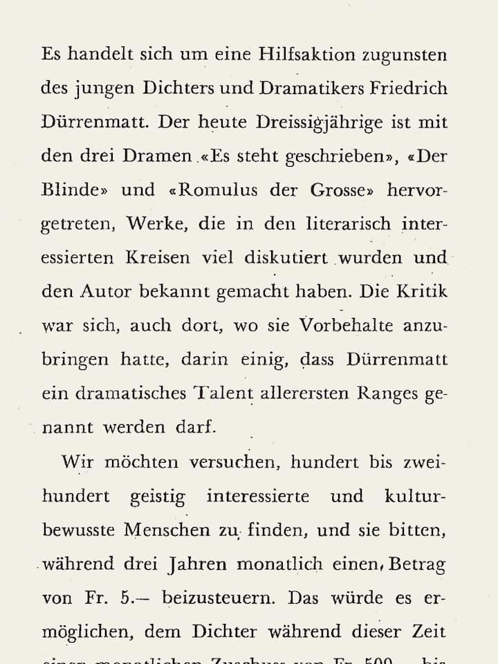Beilage aus dem Beobachter, 1952, mit Spendenaufruf für Dürrenmatt