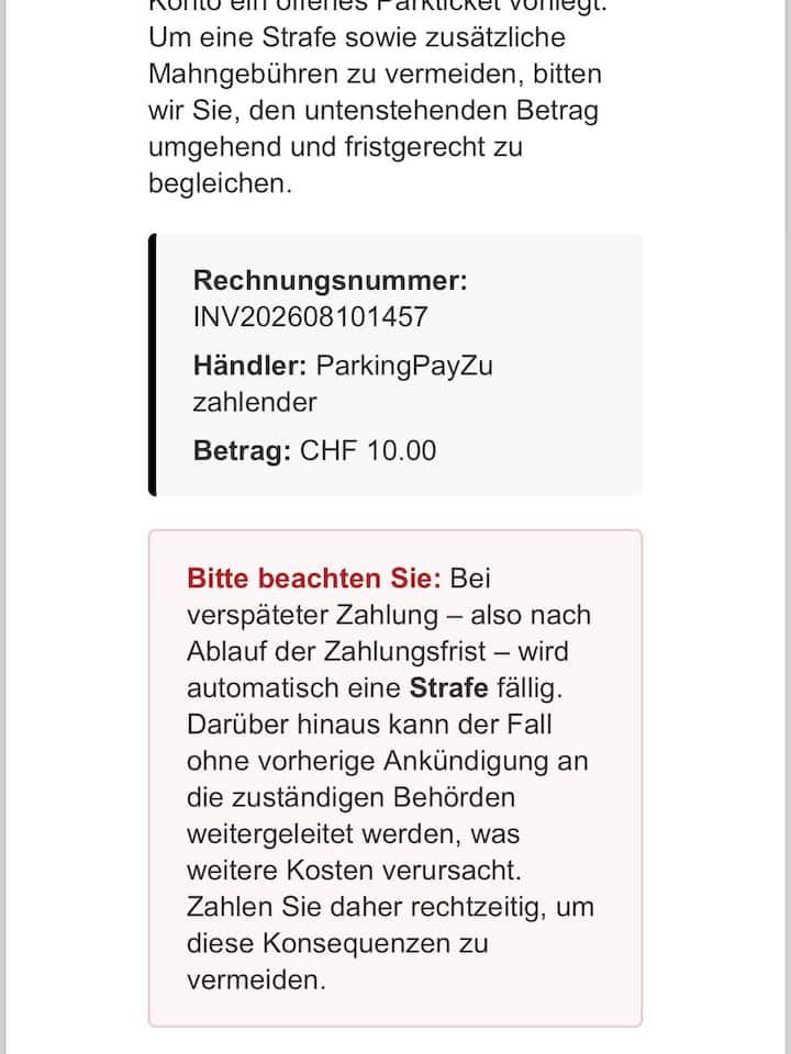 Screenshot einer ParkingPay-Mail mit offenem Fake-Betrag
