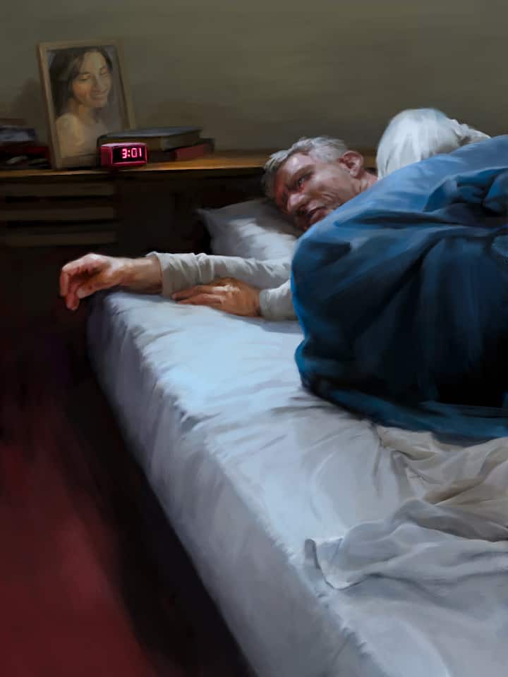 Illustration: Demir Akay schlaflos im Bett; Demir Akay verklagt den Kanton Basel-Stadt. Denn vor 25 Jahren wurde sein gewälttätiger Bruder aus dem Gefängnis entlassen – zu Unrecht. Der Fall geht nun ans Bundesgericht.