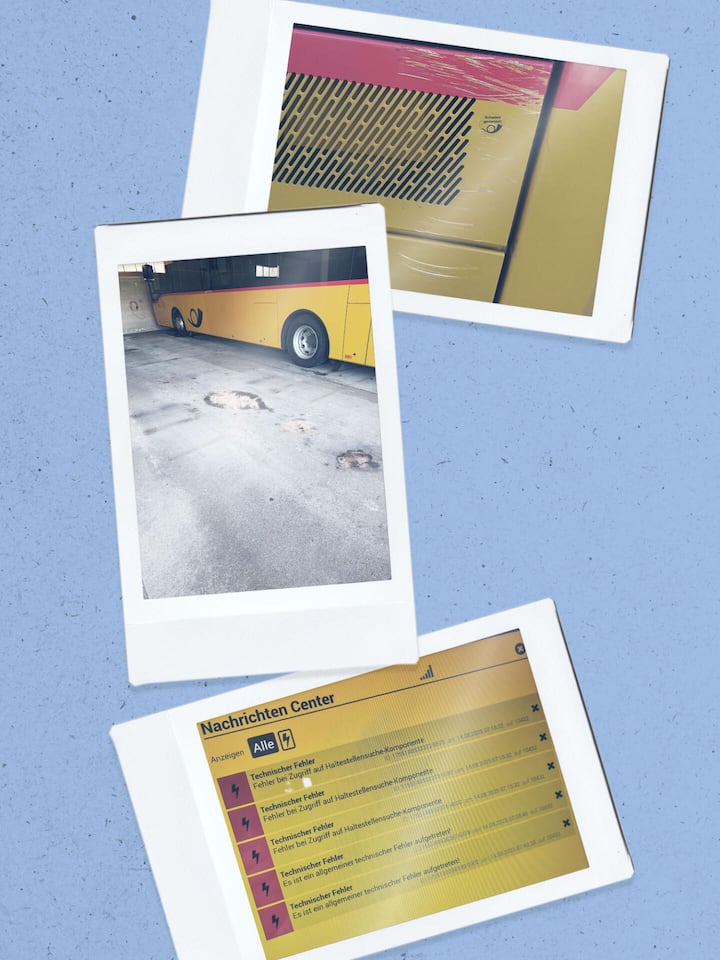 Bilder von Schäden an Postautos - Nicht nur in der bündnerischen Surselva hagelt es Kritik vom Personal an Postauto wegen defekter Fahrzeuge. Jetzt trifft sich die Gewerkschaft Syndicom mit der Konzernspitze, um nach Lösungen zu suchen
