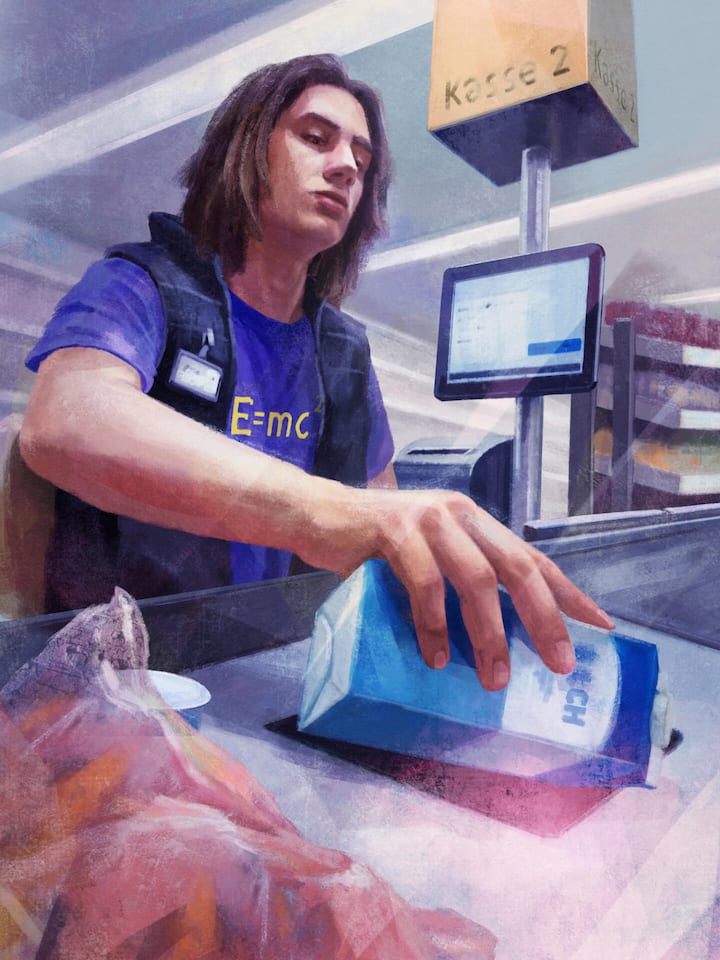Illustration: Ein Teenager an der Ladenkasse - Ein Teenager hatte Traumnoten. Doch nach einer psychischen Krise bricht er kurz vor der Matur das Gymnasium ab. Jetzt sitzt er an der Supermarktkasse und probt den Neuanfang