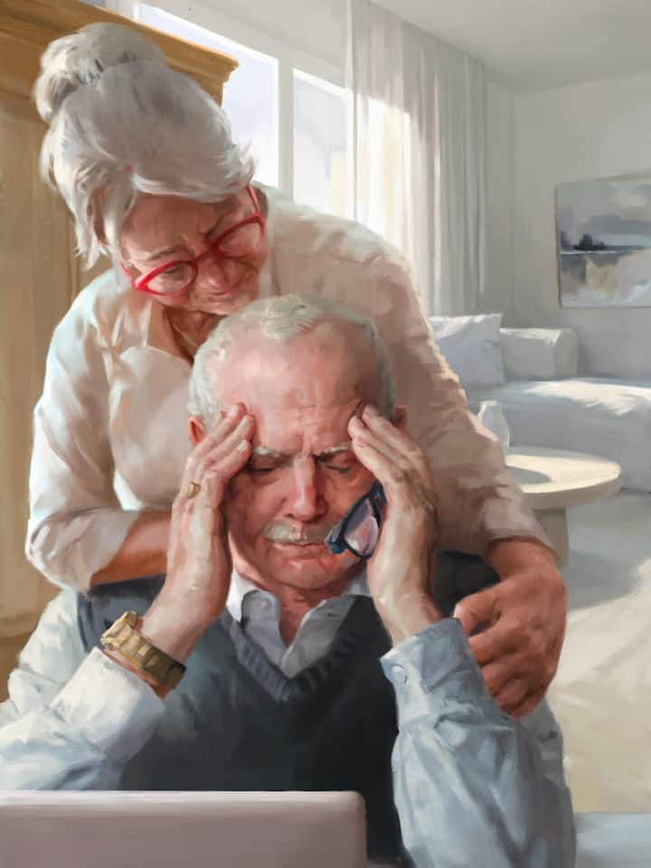 Illustration mit Senior, hinter ihm seine Frau - Rentner verliert400000 Frankenan Betrüger: Er glaubt an das grosse Erbe – und verliert alles. Einem 80-Jährigen aus Wil SG und seiner Frau bleiben noch knapp 2000 Franken pro Monat zum Leben.