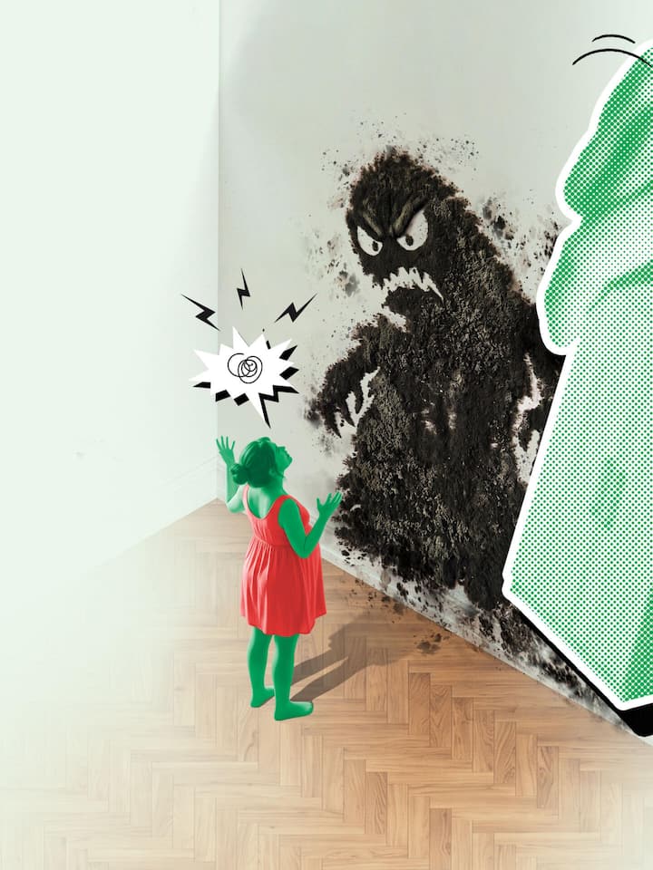 Collage mit Frau und einem Schimmelmonster an der Wand - In der Neubauwohnung der Familie Zaugg frisst sich schwarzer Schimmel durch die Wand. Es ist der Auftakt einer juristischen Odyssee, die letztlich beim Betreibungsamt endet