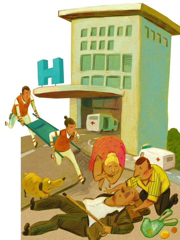 Illustration: Notfallsituation vor einem Spital
