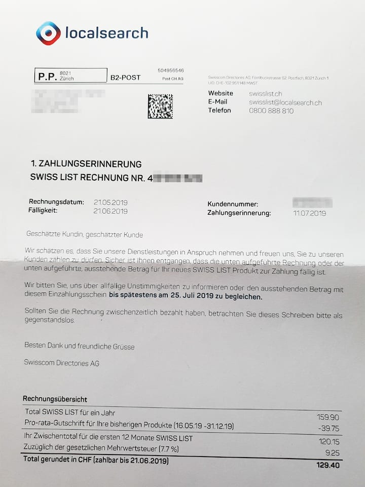 Das «Erinnerungsschreiben» von Localsearch