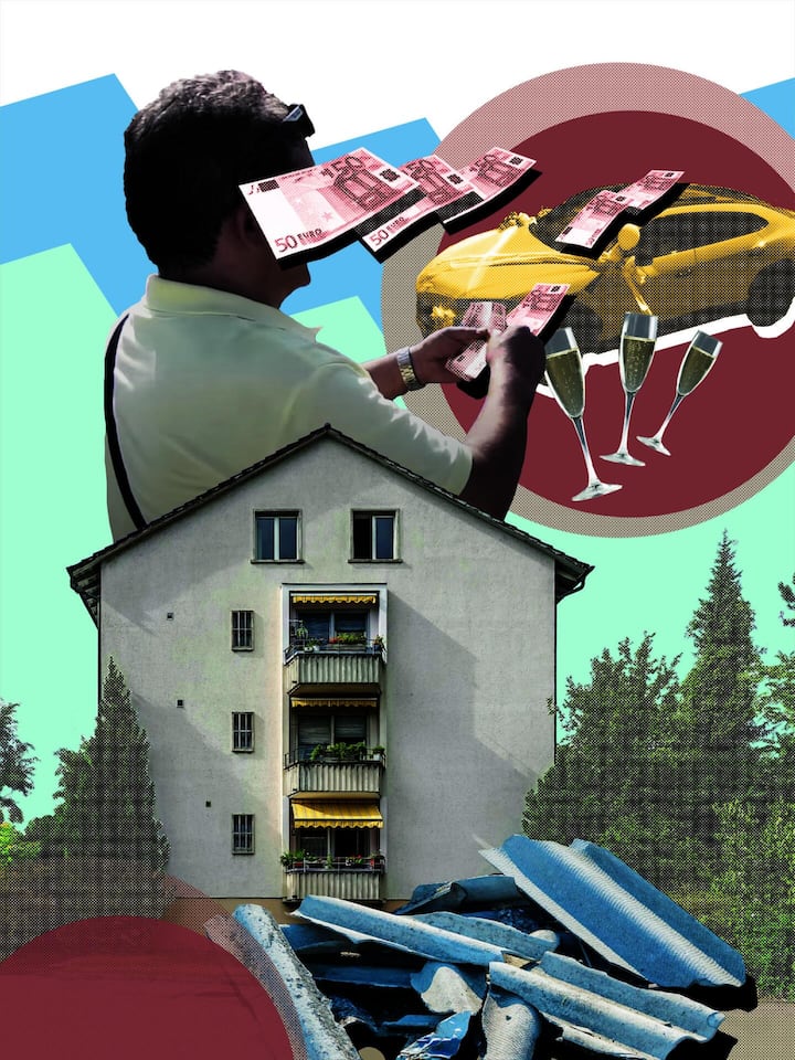 Collage mit Haus, Geld und Luxusauto - Die Beobachter-Recherche zeigt: Ein Gipser macht ohne Bewilligung Asbestsanierungen, geschäftet oft mit hohen Bargeldsummen, hat hohe Steuerschulden – und einen ausschweifenden Lebensstil