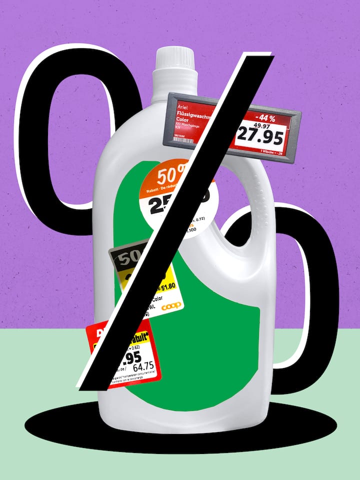 Putzmittel und Prozentzeichen - Lidl, Denner, Coop und Migros locken mit angeblichen Rabatten, die wie echte Aktionen aussehen. Doch die vermeintlichen Schnäppchen sind nur ein Kniff