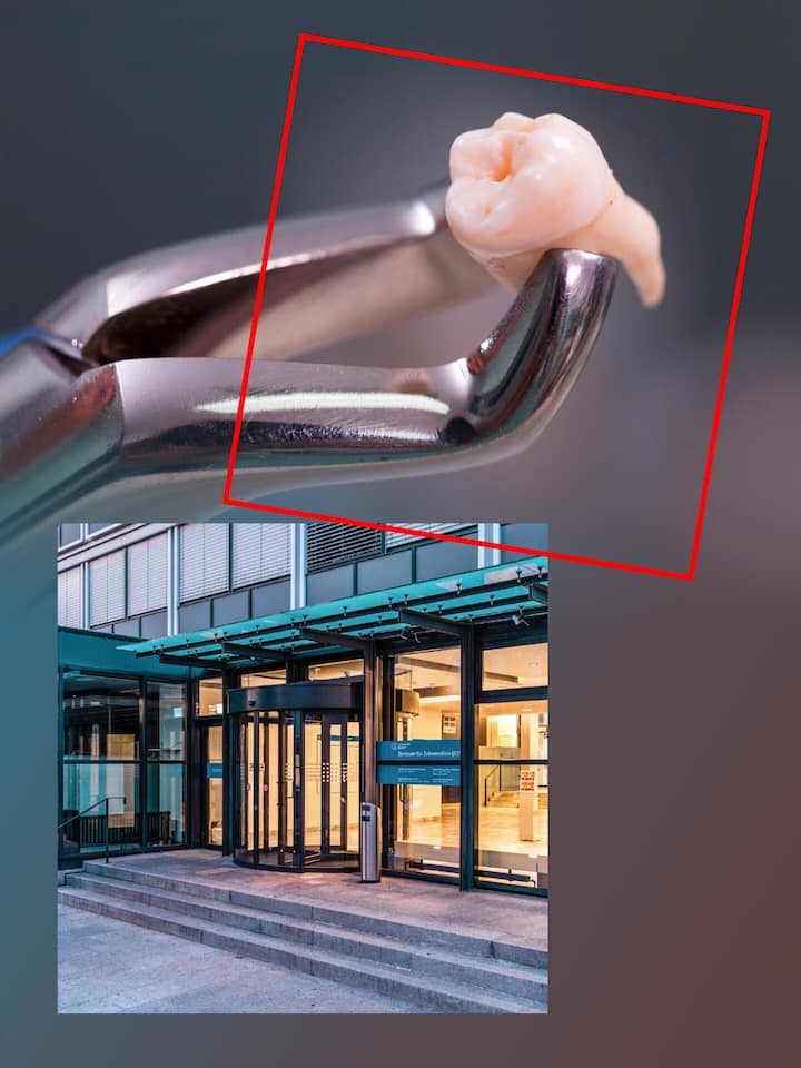 Angst und Misstrauen in der Zürcher Zahnklinik Montage von Zahn und Haupteingang - Abgelaufene Medikamente, verschwundene Patientenakten, wissenschaftliches Fehlverhalten: Ein Klinikdirektor am Zürcher Zentrum für Zahnmedizin sieht sich massiven Vorwürfen ausgesetzt. Die Universität schaute jahrelang weg