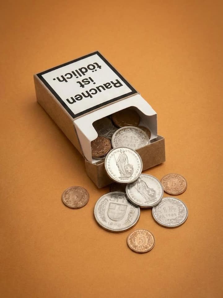 Zigarettenpäckli, aus dem Münzen purzeln