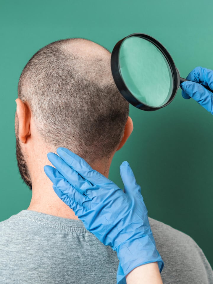 Trichologist examines the area of baldness on the client's head with a magnifying glass. Back view. Green background. The concept of alopecia and aesthetic medicine.
