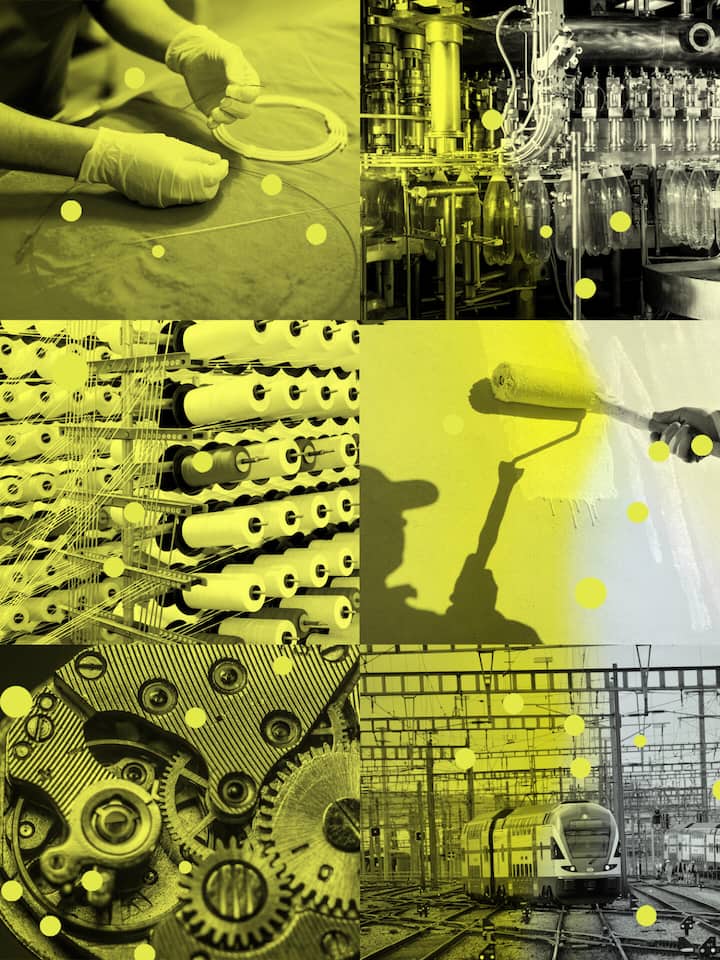 Bildcollage zu PFAS_Firmen:Medizinal Tech, Abfüllanlagen, Textilindustrie, Farben und Lacke, Uhrenindustrie und Bahntechnik.