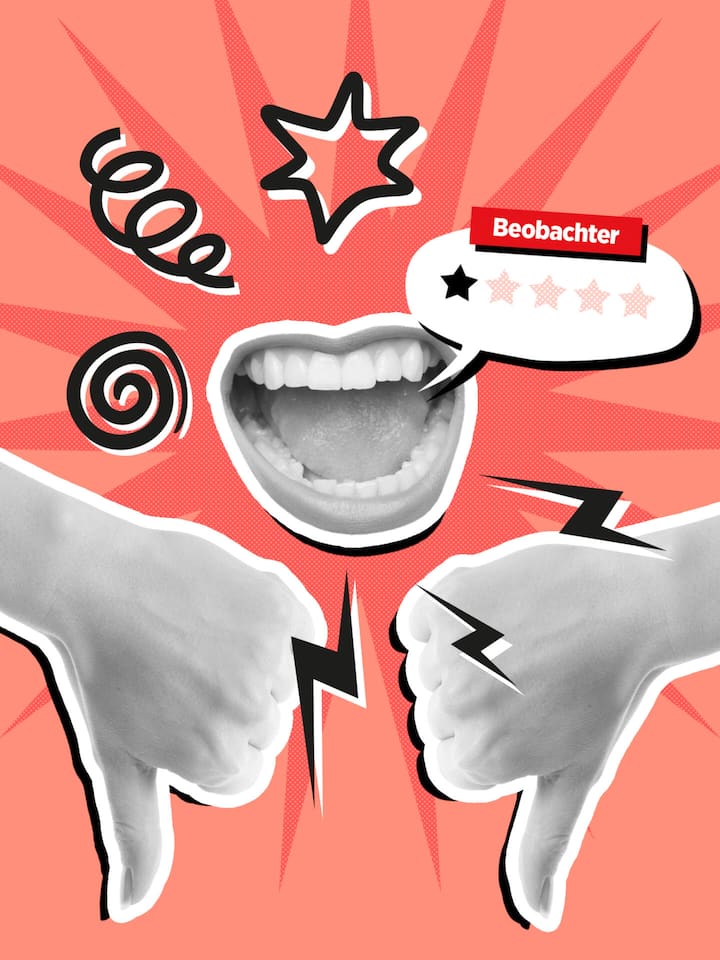Illustration/Collage zum Thema negative Fake-Bewertungen auf Google über den Beobachter.