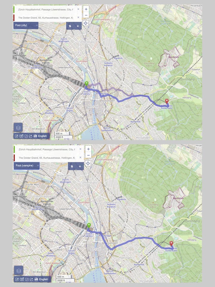 Screenshots von Zürich mit und ohne Vampirmodus bei Open Street Maps