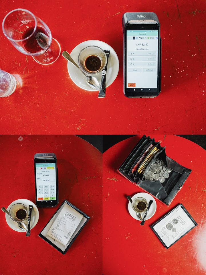 Verschiedene Arten von Trinkgeld kombiniert: Cash, eigene Eingabe und vorgegebene %-Eingabe im Bezahl-Terminal.
