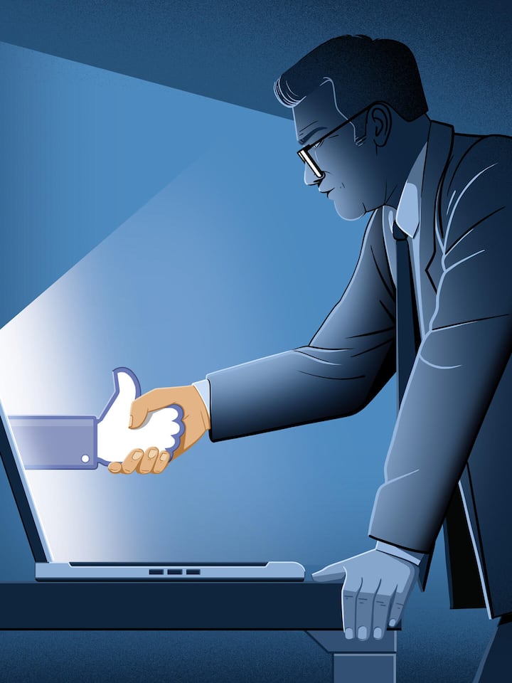 Illustration: Mann schüttelt Hand, die aus einem Compi kommt - Fakevideos und abgezockte Nutzer: Interne Dokumente zeigen, wie der Konzern Meta Milliarden mit betrügerischen Anzeigen verdient. Anti-Betrugs-Massnahmen würgt er vorbeugend ab