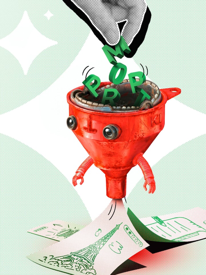 Collage Roboter wird mit Buchstaben gefüttert - Künstliche Intelligenz verändert nicht nur die Suche im Internet. Sie kann auch bei ganz alltäglichen Problemen helfen. Der Beobachter zeigt, wie Sie die besten Ergebnisse erzielen