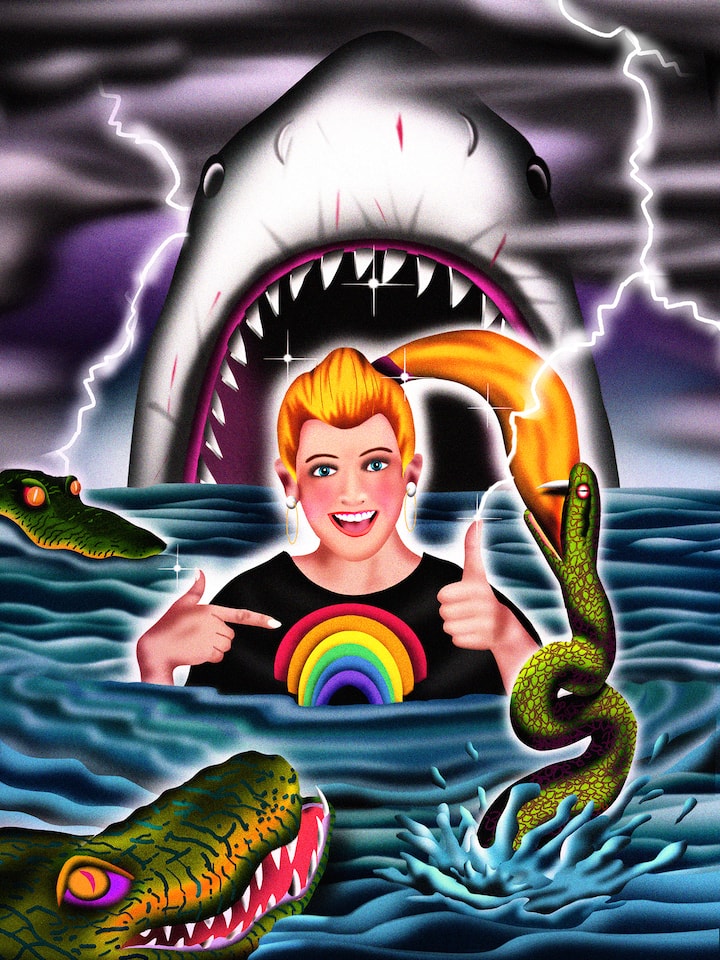 Lachende Person vor einem Hai - Optimisten leben länger, sind gesünder und widerstandsfähiger. Die gute Nachricht: Auch Sie können Zuversicht trainieren. Aber Achtung: Zu viel davon kann schädlich sein