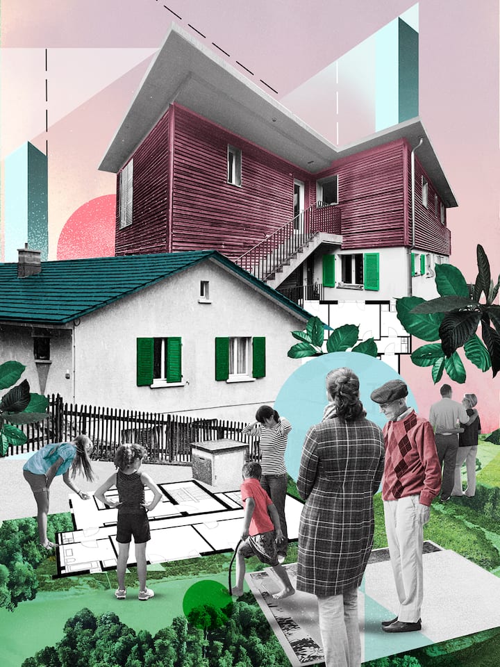 Collage: Menschen vor einem Einfamilienhaus - Die Schweiz baut zu wenig Wohnungen für immer mehr Menschen. Ändert sich das nicht, bleibt nur Zusammenrücken. Genossenschaften und manche private Eigentümer zeigen, wie es geht