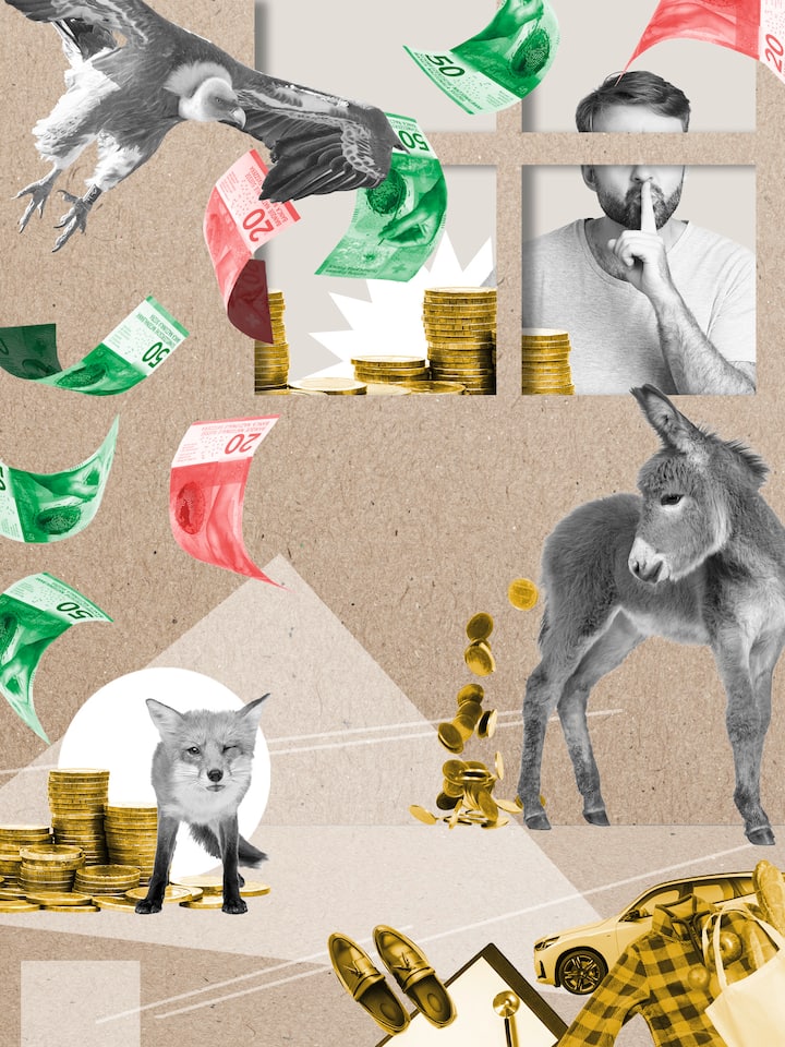 Collage mit Banknoten, Münzen, einem Esel, einem Fuchs, einem Adler, und einem Mann mit verschwiegenem Zeigefinger vor dem Mund.