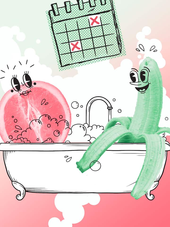 Illustration Sex nach Kalender: Orange und Banane in einer Badewanne.
