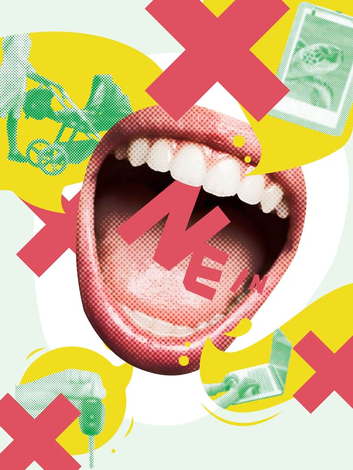 Aus einem weit geöffneten Mund tönt ein grosses Nein. Jemanden eine Bitte abzuschlagen, kann ziemlich schwer fallen. Tipps, wie Sie standhaft bleiben ohne eine schlechtes Gewissen zu bekommen.