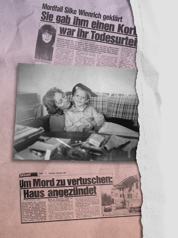 Warum wir jetzt True Crime erzählen collage mit Fotos und Zeitungsausschnitten - Sascha ist sieben Jahre alt, als er seine Mutter verliert. Und mit ihr die Chance auf ein ganzes Leben. Unser neuer Podcast «Overkill»: ein ungelöster Mord und seine Opfer