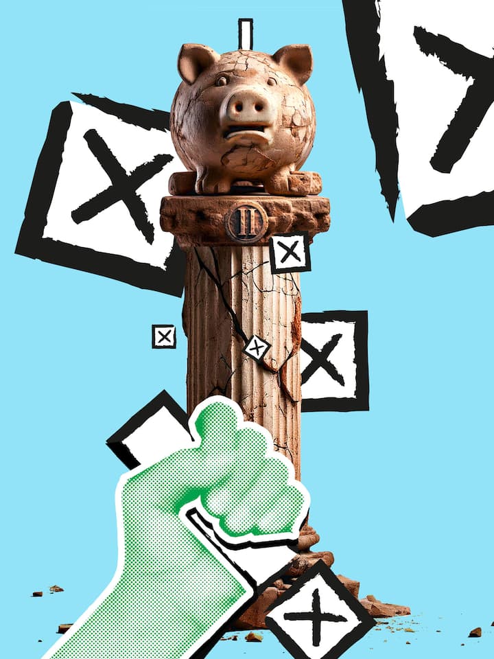 In die Pensionskasse einkaufen – lohnt sich das? Ein Schwein steht fest verankert auf einer Betonsäule, die sinnbildlich für die zweite Säule der Altersvorsorge steht. Wer einen Einkauf in die Pensionskasse erwägt, um etwa auf eine Frühpensionierung hin zu planen, sollte einige Punkte beachten. Der Beobachter zeigt die sieben häufigsten Fehler auf.