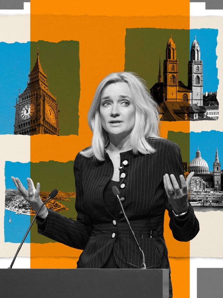 Collage mit Julie Meyer - Julie Meyer war einst der Star der Londoner Finanzwelt. Sie scharte Investoren um sich, fädelte Deals ein und sammelte Ehrentitel. Heute führt sie ihre Geschäfte von Zollikon aus und sammelt mit ihrer Firma vor allem Betreibungen
