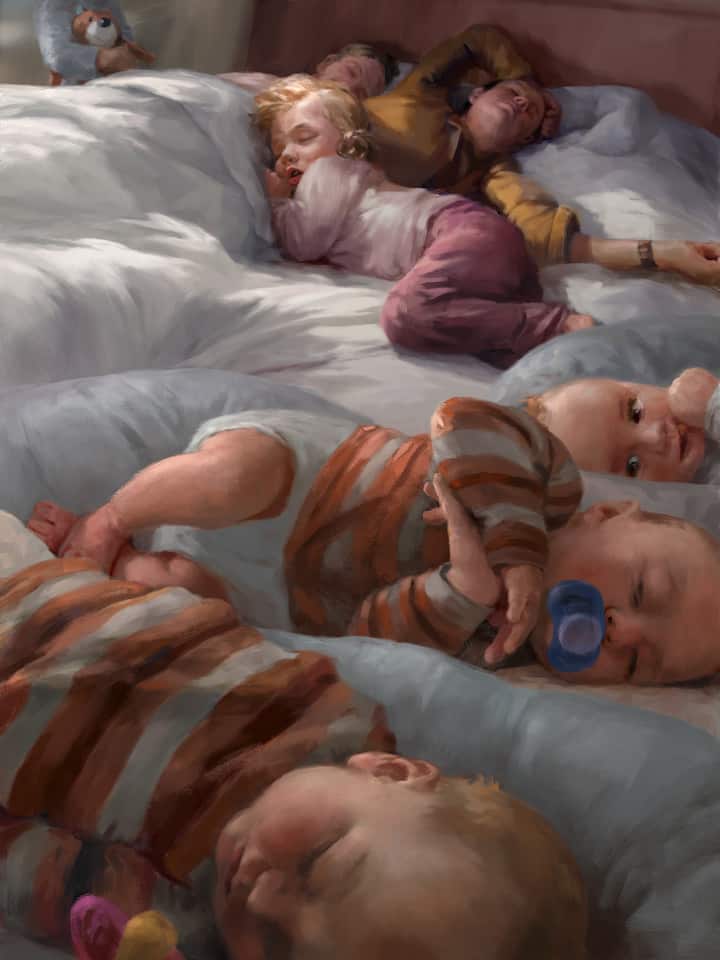 Mutter mit Kindern im Bett - Eine Familie hat nach einer Drillingsgeburt plötzlich fünf Kinder. Die Geschichte einer Überforderung – mit teilweisem Happy End