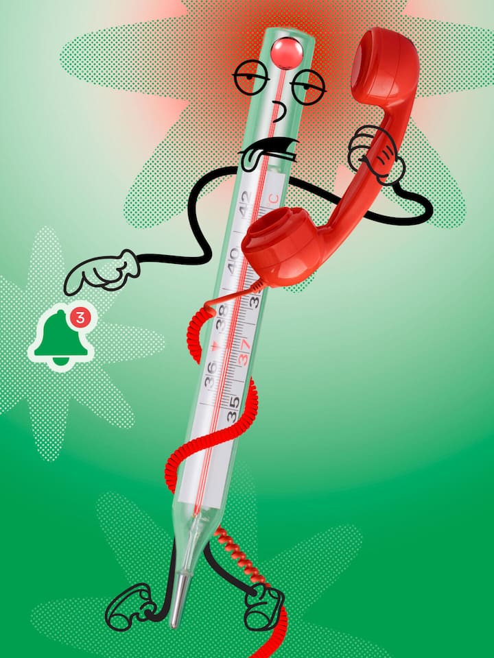 Ein Fieberthermometer mit einem Menschengesicht hält einen roten Telefonhörer in der Hand. Ein Schweizer Krankenversicherter wählte das HMO-Modell und wechselte zu einer günstigeren Krankenkasse, um weniger Prämien zu zahlen. Nach drei Monaten bei der neuen Grundversicherung zahlte er jedoch plötzlich mehr für die Prämie. Was ist da schiefgelaufen? Der Beobachter zeigt, welche Stolperfallen bei Sparmodellen plötzlich hunderte von Franken ausmachen können.