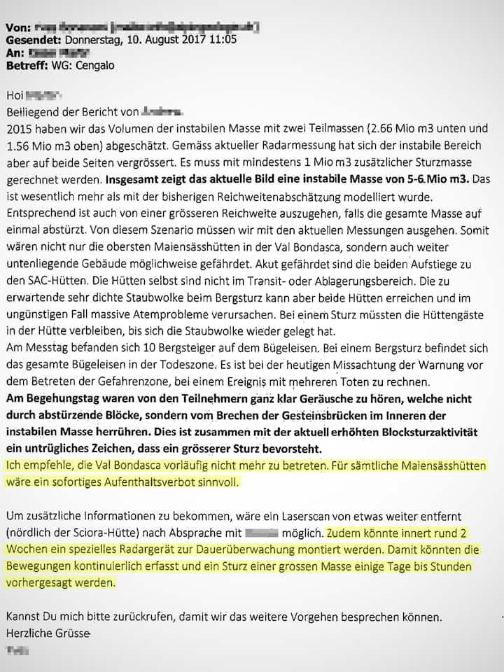 Mail des externen Geologen an die Zuständigen des Kantons Graubünden