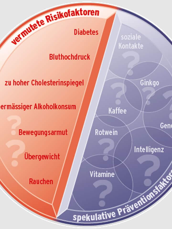 Faktoren, die das Demenzrisiko erhöhen und solche, die es senken in einer grafischen Darstellung.